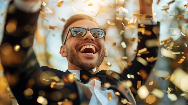 Cheerful Man in Suit Enjoying Golden Confetti Shower