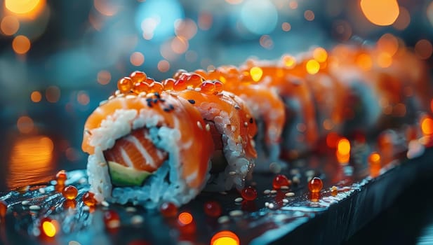 Delicious sushi roll with salmon avocado and caviar on black background