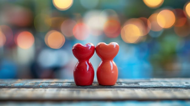 Two red hearts on wooden table with bokeh background. Love concept.