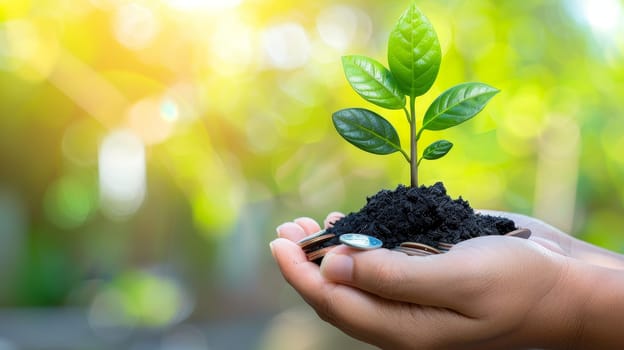 Hand holding coins with green plant on blurred nature background. Save money for investment concept.