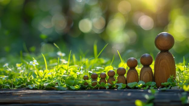 Wooden figures of family standing in garden