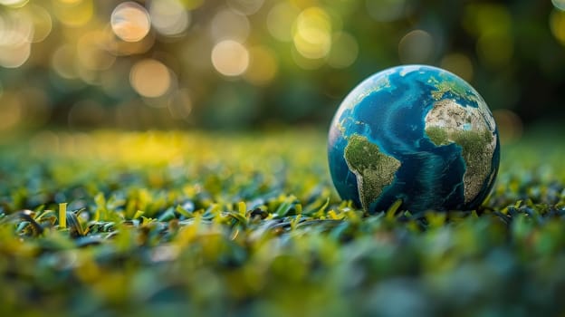 Earth globe on green grass with bokeh background, save earth concept