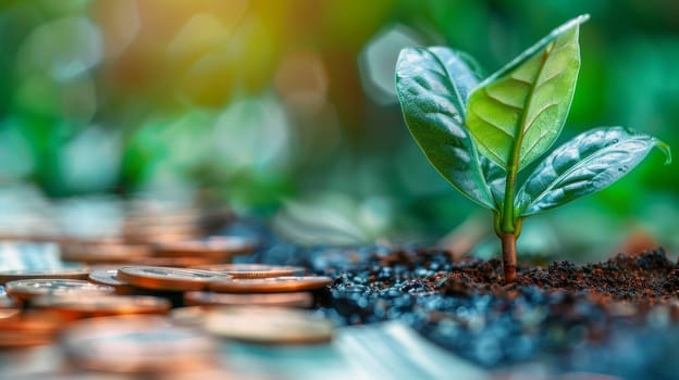 Green plant symbolizing financial growth from coins