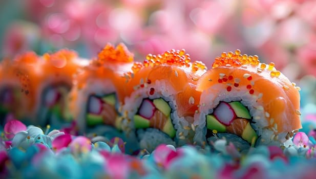 Sushi Rolls with Salmon Avocado Cucumber Tobiko on Floral Background