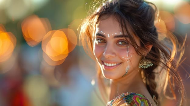 Sunlit Indian Woman with Long Brown Hair in Traditional Dress