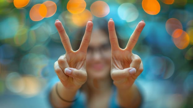 Girl showing OK sign with bokeh background, focus on hand