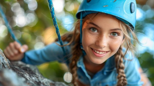 Girl in blue helmet climbing at a rope park
