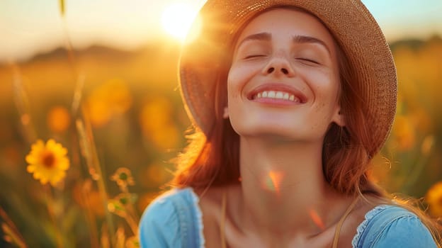 Young woman in straw hat amidst yellow flowers at sunset