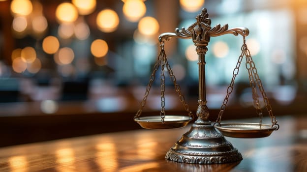 Scales of justice on wooden table in courtroom or law enforcement office.