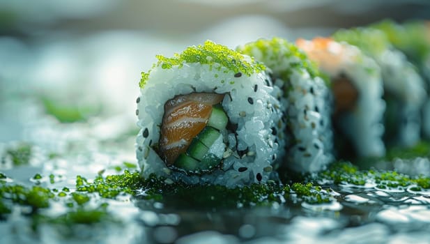 Sushi roll with salmon, avocado, cucumber, cream cheese and nori seaweed