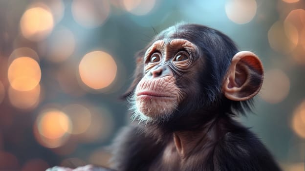Curious young chimpanzee amidst illuminated lights
