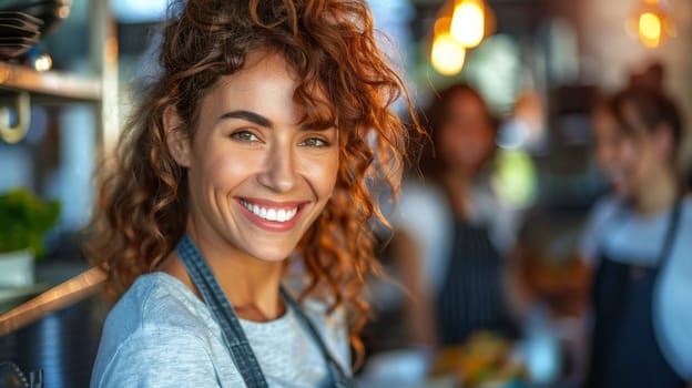 Smiling waitress serving food in a cafe