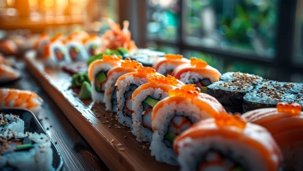 Sushi roll set japanese food on wooden table in restaurant