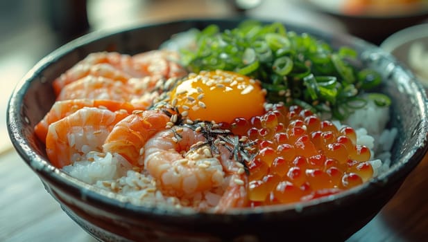 Delicious Fresh Seafood Rice Bowl with Salmon, Shrimp Roe, Caviar, and Egg Yolk