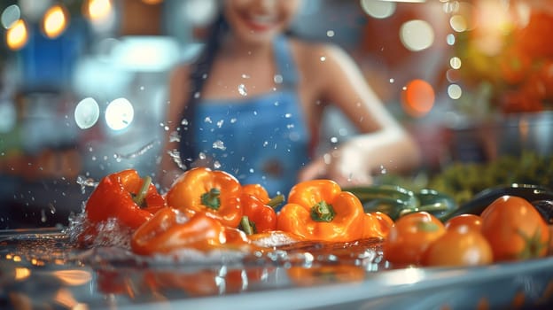 Young woman washing fresh bell peppers in kitchen