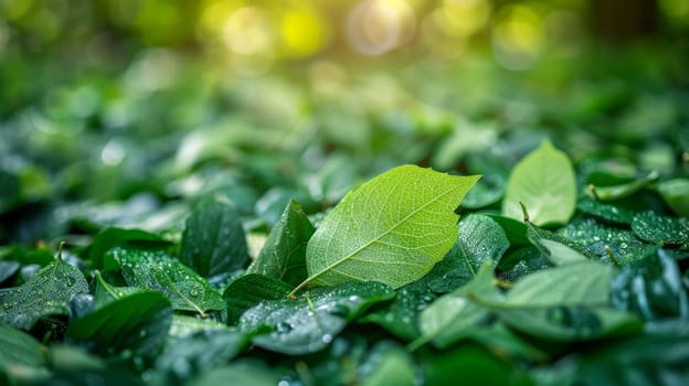 Green leaves with morning dew in the forest. Nature background.