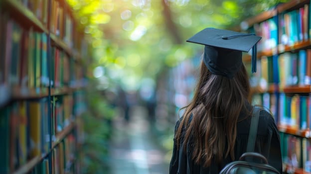 Female student in graduation hat and gown standing in front of bookshelf.