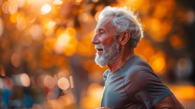 Senior man running outdoors at sunset showcasing fitness and health