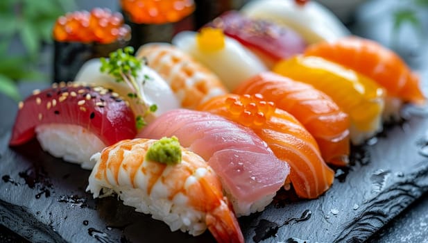 Assorted Nigiri Sushi Set on Black Stone Plate
