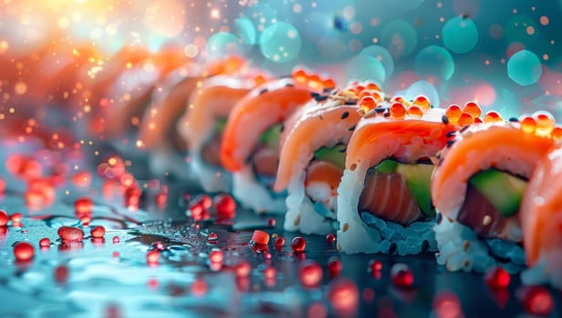 Artistic Presentation of Sushi Rolls with Salmon and Caviar
