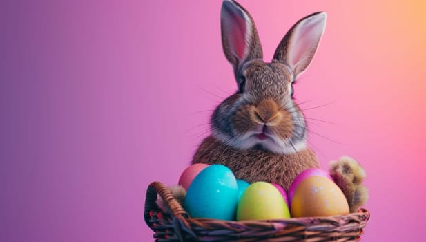 Easter bunny with basket of colorful eggs on pink and purple background
