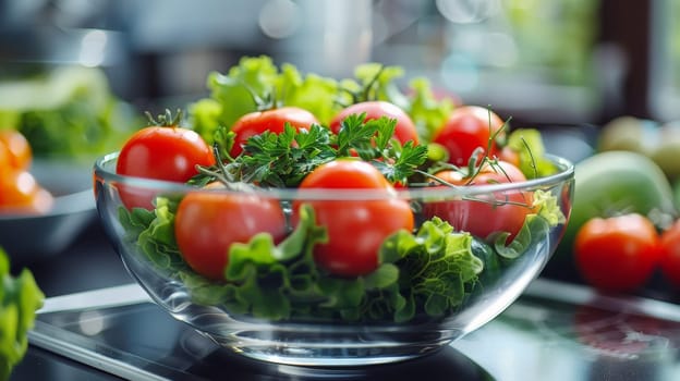 Fresh salad in glass bowl on kitchen table. Healthy food concept.