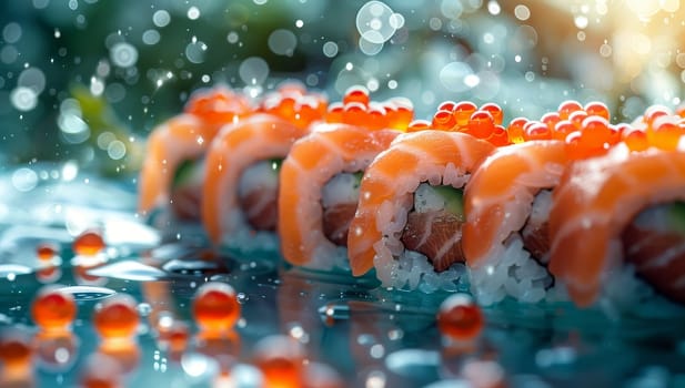 Sushi roll with salmon avocado cucumber and red caviar