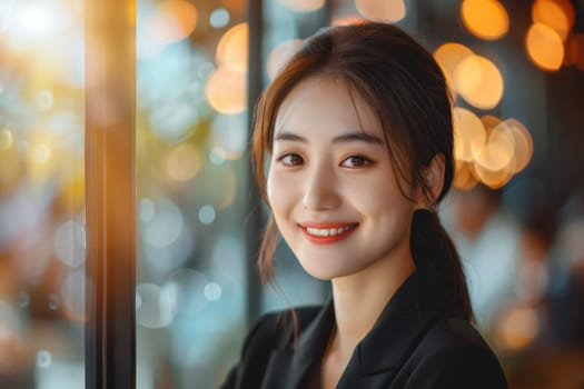 Portrait of beautiful young asian businesswoman smiling and looking at camera.
