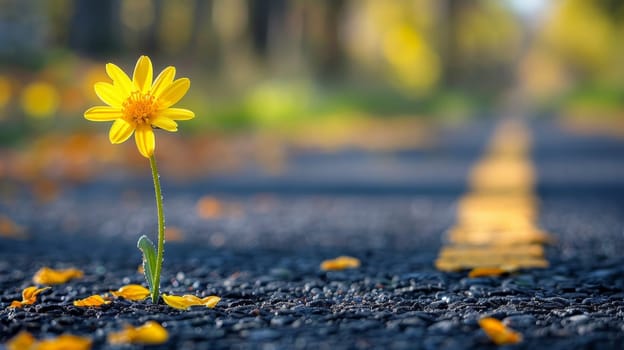 Yellow flower blooming through asphalt in sunlight