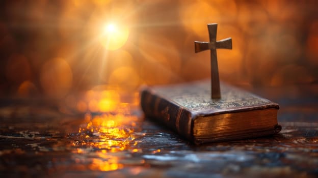 Christian cross on old holy Bible with bokeh lights