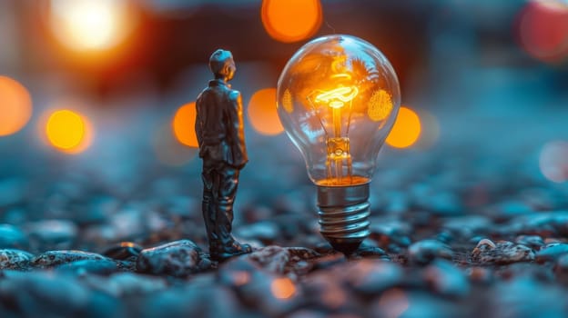 Miniature businessman admiring illuminated light bulb