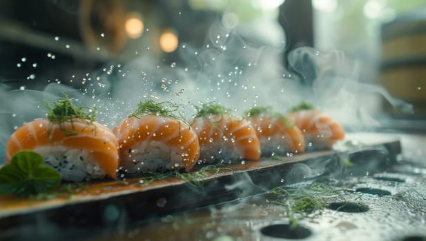 Sushi rolls on a wooden board in a restaurant, close-up