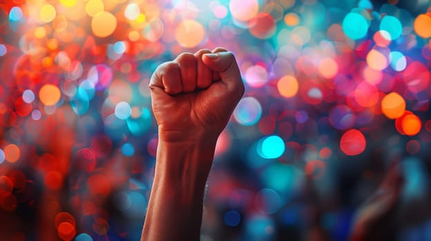 Close up of raised fist against bokeh lights on black background