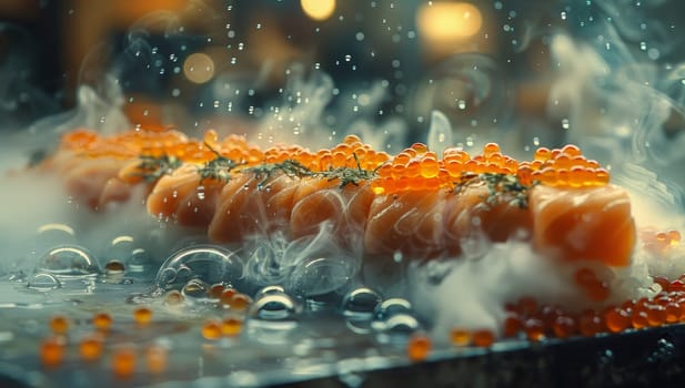 Close up of salmon sushi roll garnished with roe and caviar
