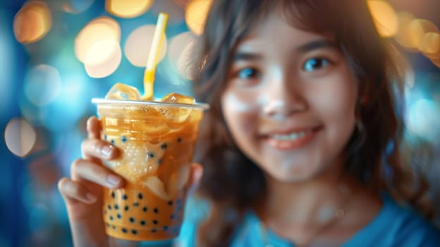 Young girl enjoying delicious bubble milk tea