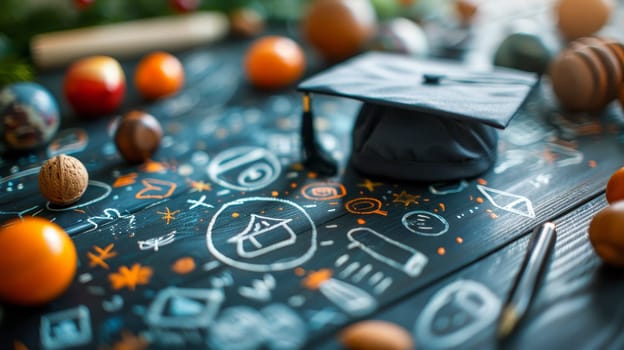 Graduation Cap and Education Symbols Drawn with Chalk