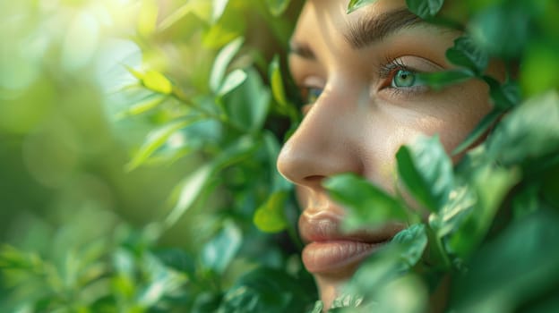 Close up portrait of beautiful young woman with green leaves on face.