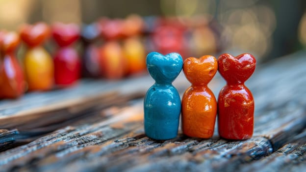 Colorful wooden figurines of people in a row. Selective focus.