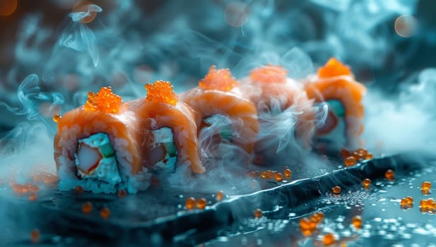Salmon and Caviar Sushi Roll on Smoky Background