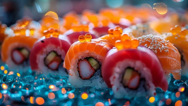 Close up of Vibrant Sushi Rolls on Sparkling Blue Gems