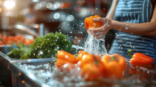 Woman Cleaning Fresh Bell Pepper in Kitchen