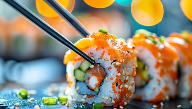 Sushi roll with salmon, avocado, cucumber, cream cheese and sesame seeds