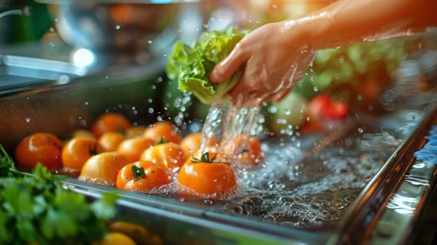 Woman washing fresh vegetables in kitchen sink