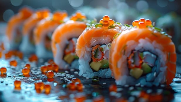 Sushi roll with salmon, avocado, cucumber and tobiko caviar