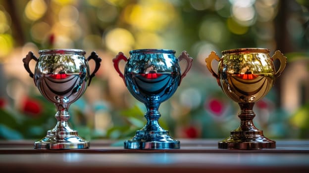 Trophy cup on wood table with bokeh light background.