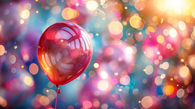 Red balloon on colorful bokeh background, holiday and party concept