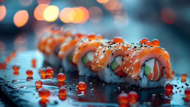 Salmon sushi roll garnished with tobiko caviar