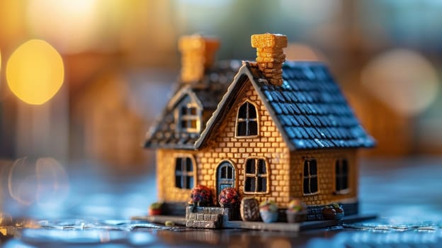 Miniature toy house on the table with bokeh background.