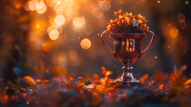 Golden Trophy Amidst Autumn Leaves in Sunlight