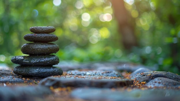 Zen Stones Stacked in Lush Green Forest